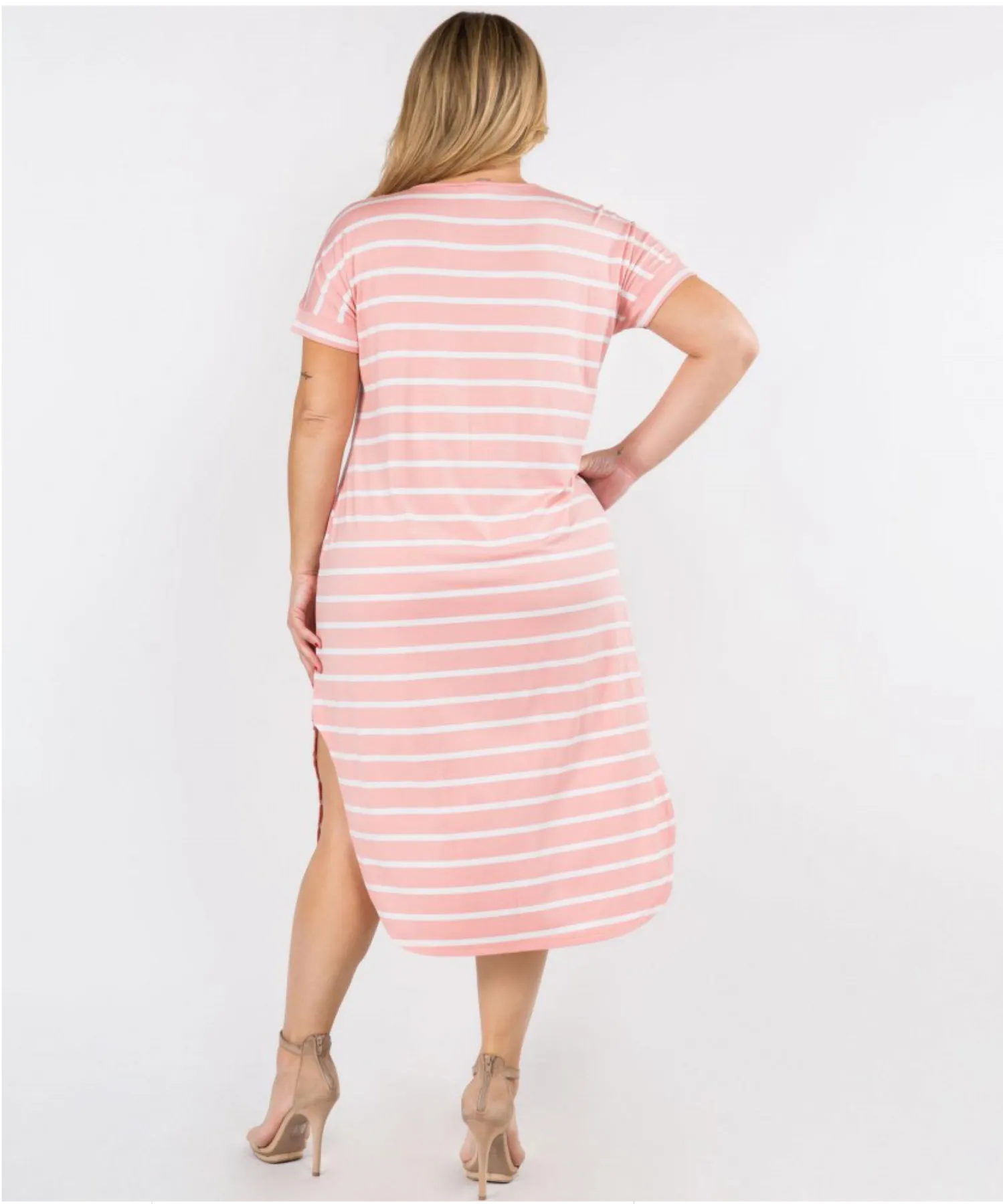 Pink Striped Curved Hem Midi Dress with Pockets