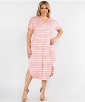 Pink Striped Curved Hem Midi Dress with Pockets