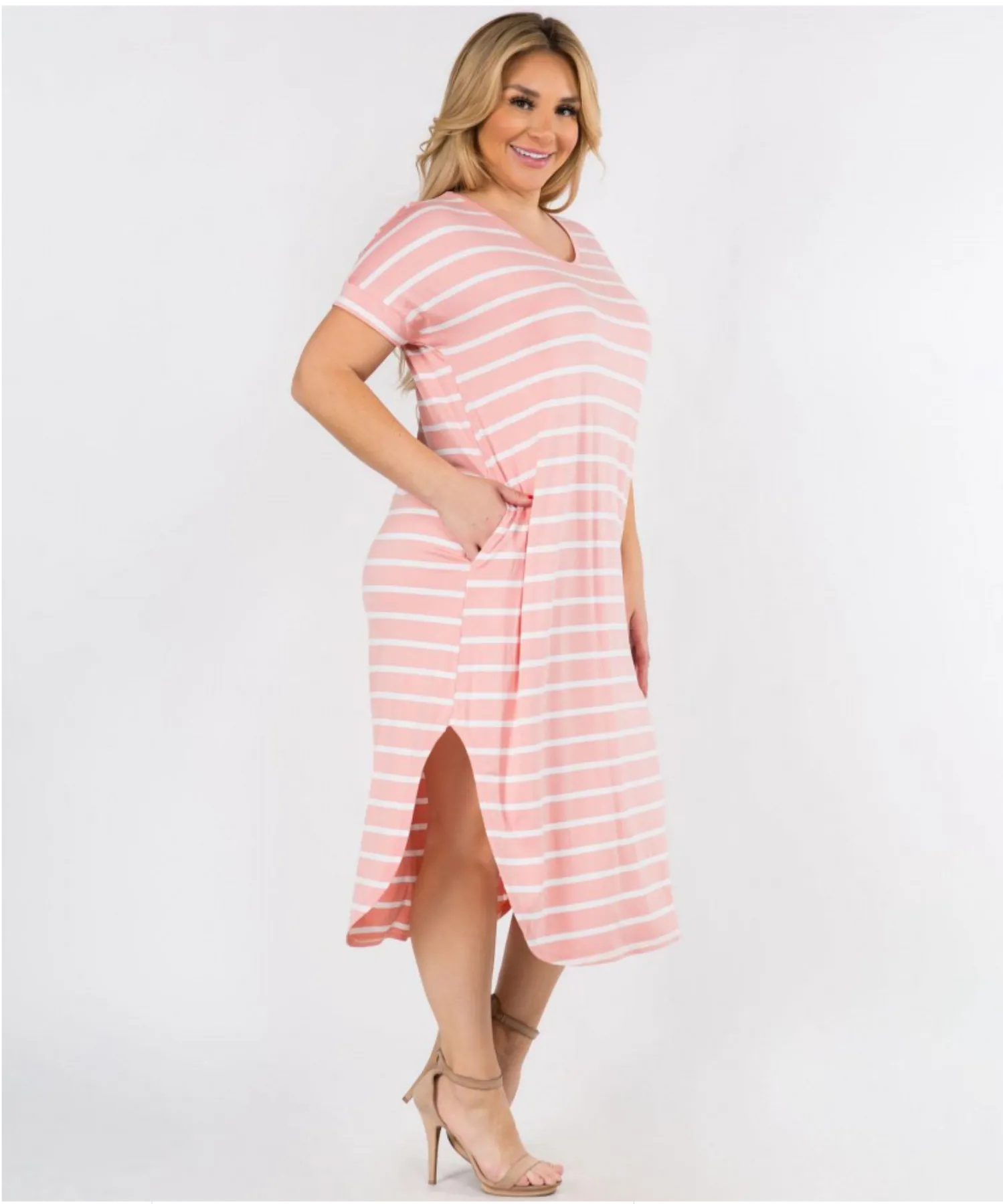 Pink Striped Curved Hem Midi Dress with Pockets
