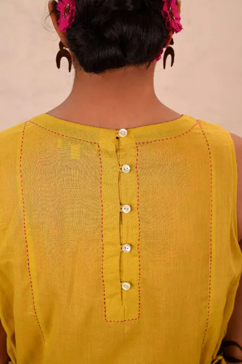 Rangsutra Saheli Double Layer Hand Embroidered Yellow Mulmul Cotton Kurta Dress With Printed Pink Slip