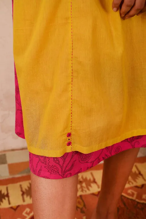 Rangsutra Saheli Double Layer Hand Embroidered Yellow Mulmul Cotton Kurta Dress With Printed Pink Slip