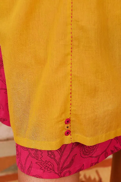 Rangsutra Saheli Double Layer Hand Embroidered Yellow Mulmul Cotton Kurta Dress With Printed Pink Slip