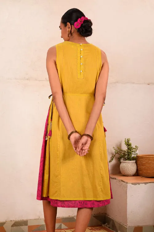 Rangsutra Saheli Double Layer Hand Embroidered Yellow Mulmul Cotton Kurta Dress With Printed Pink Slip