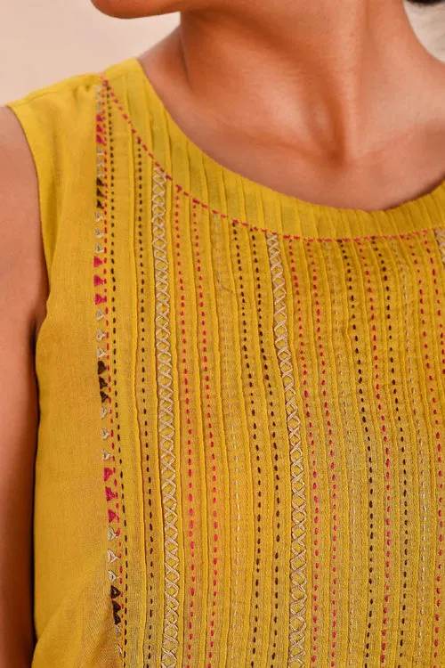 Rangsutra Saheli Double Layer Hand Embroidered Yellow Mulmul Cotton Kurta Dress With Printed Pink Slip