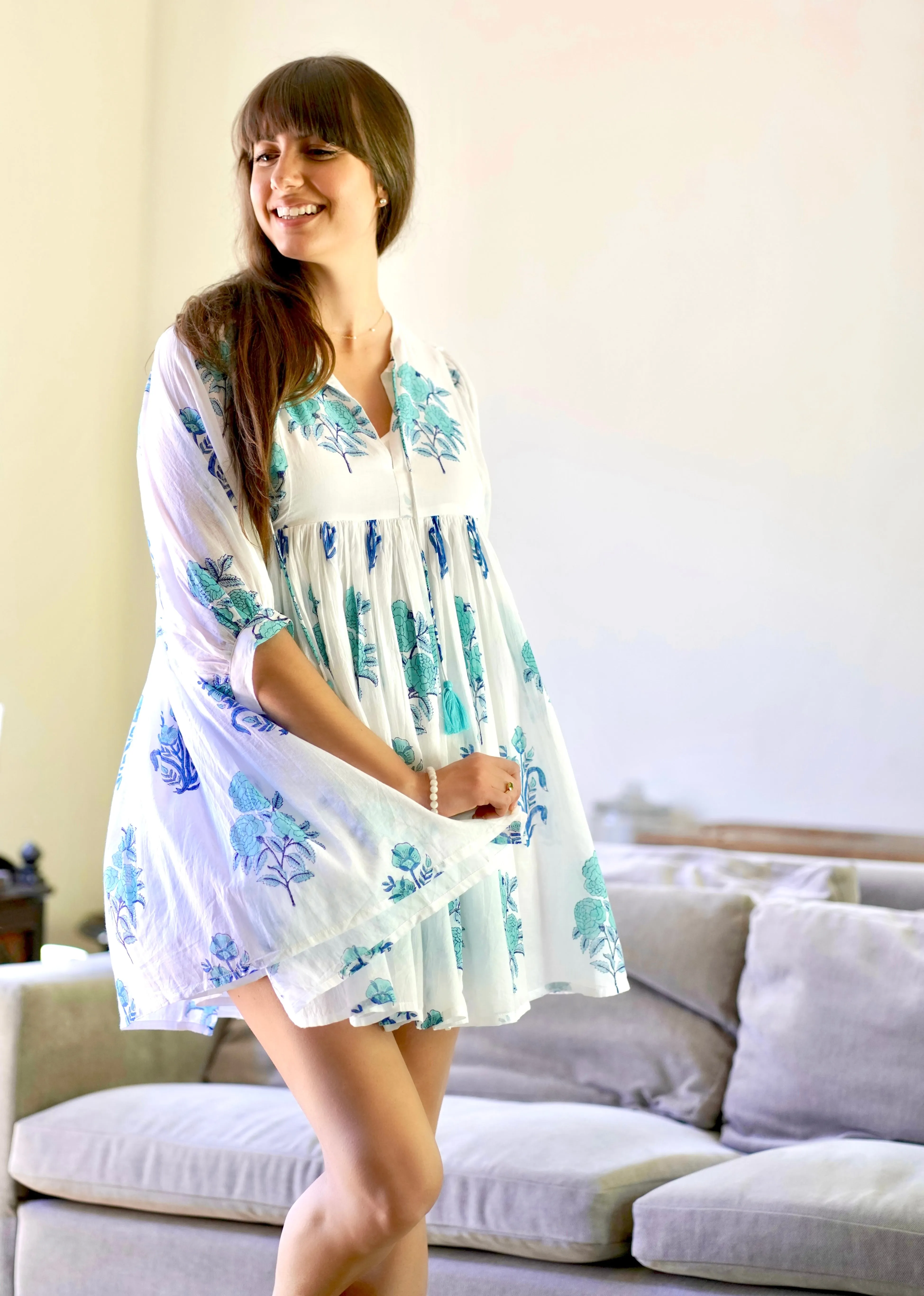 Raya Block Printed Mini Dress- White Turq
