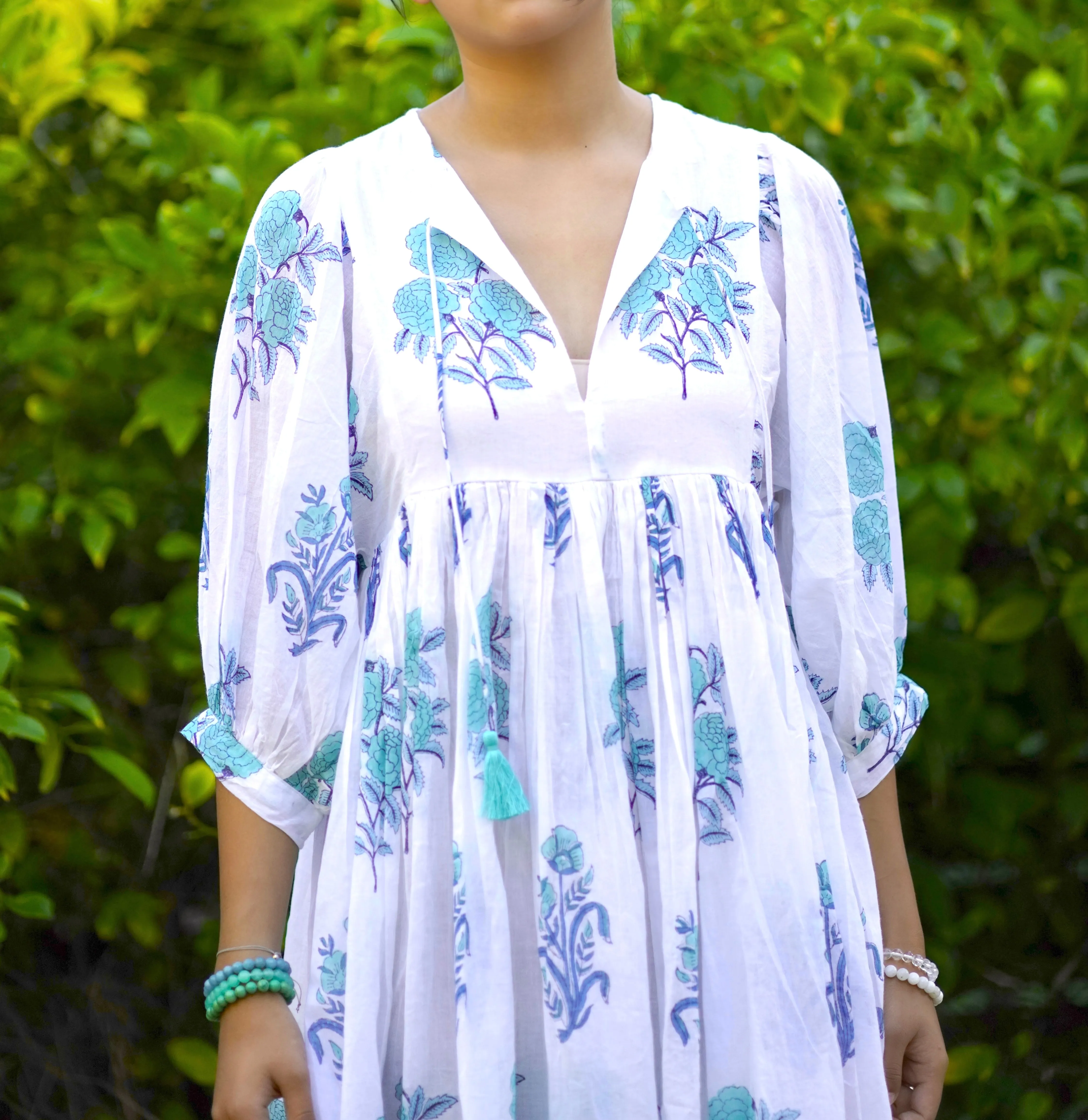 Raya Block Printed Mini Dress- White Turq