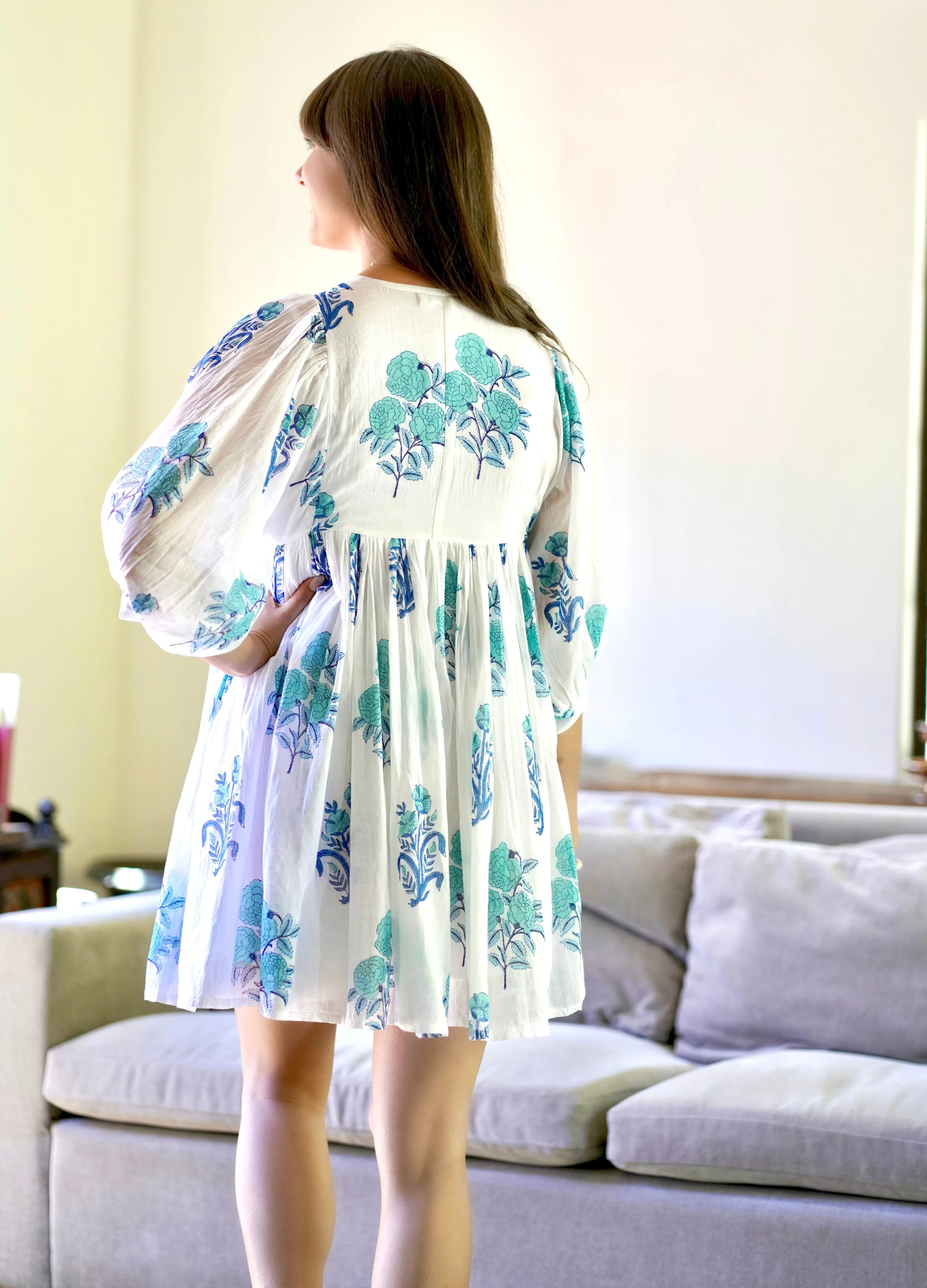 Raya Block Printed Mini Dress- White Turq