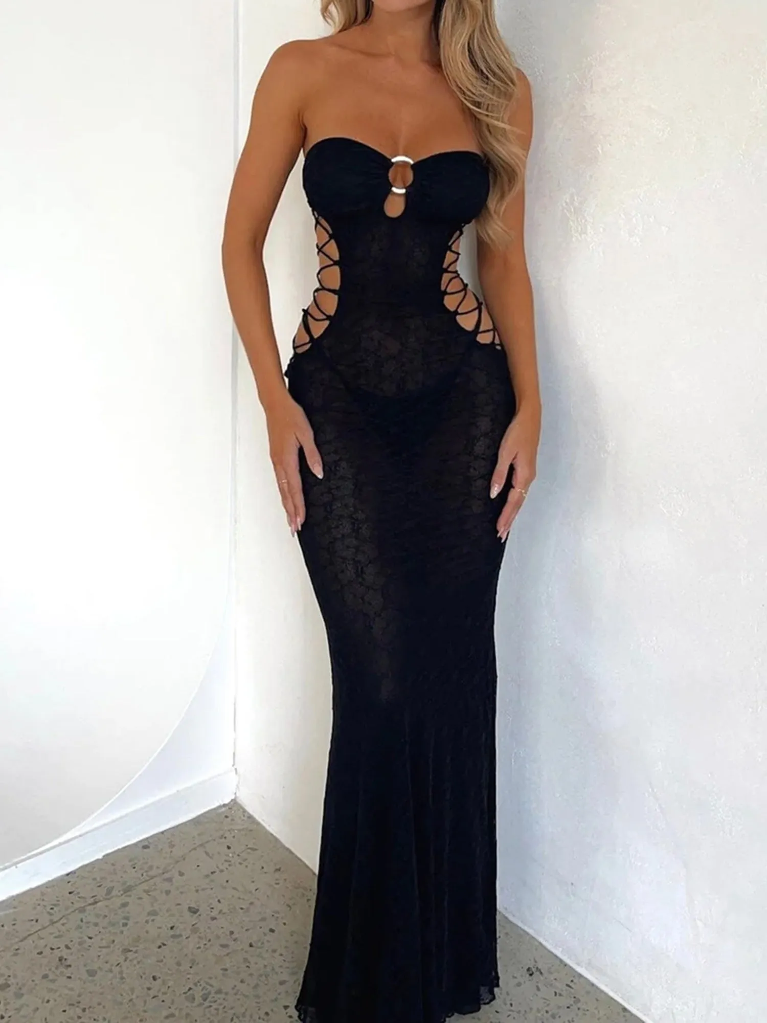 Sexy Elegant Women's Strapless Backless Hollowed Long Bodycon Tube Dress