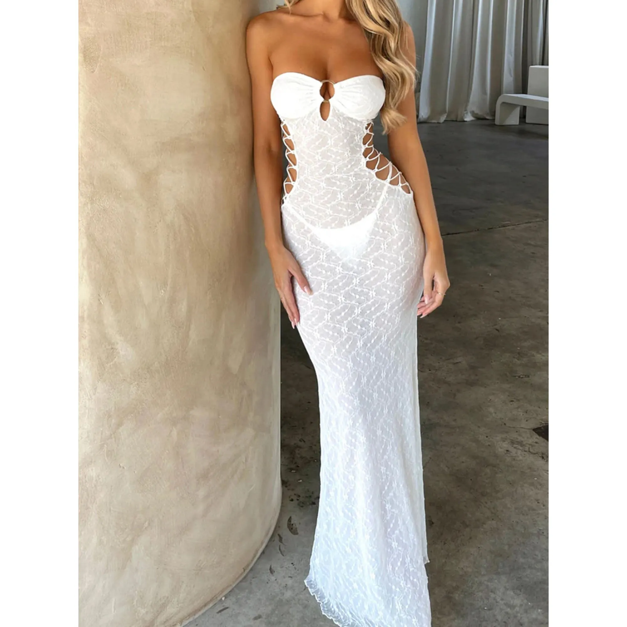 Sexy Elegant Women's Strapless Backless Hollowed Long Bodycon Tube Dress