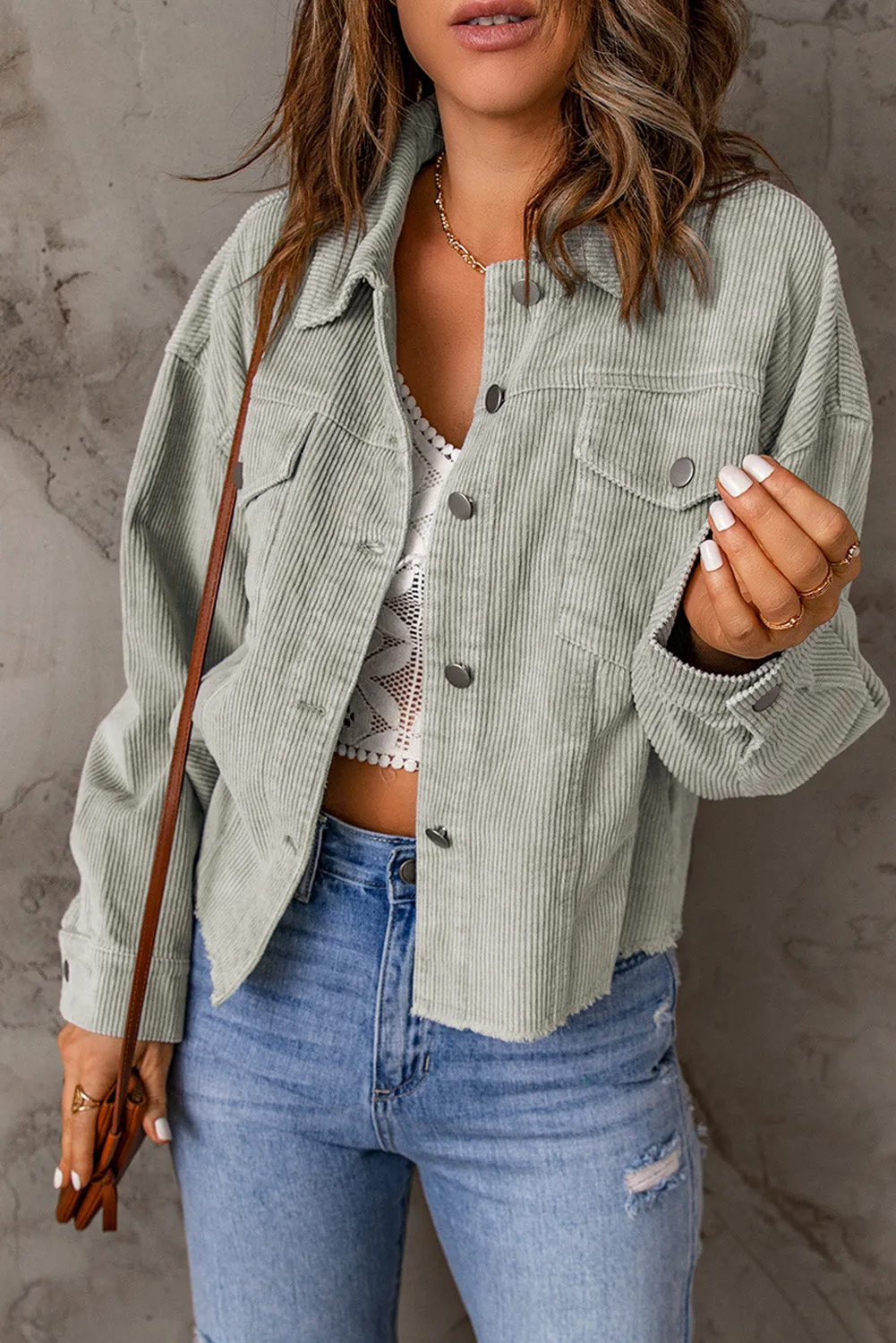 Sky Blue Raw Hem Flap Pockets Cropped Jacket
