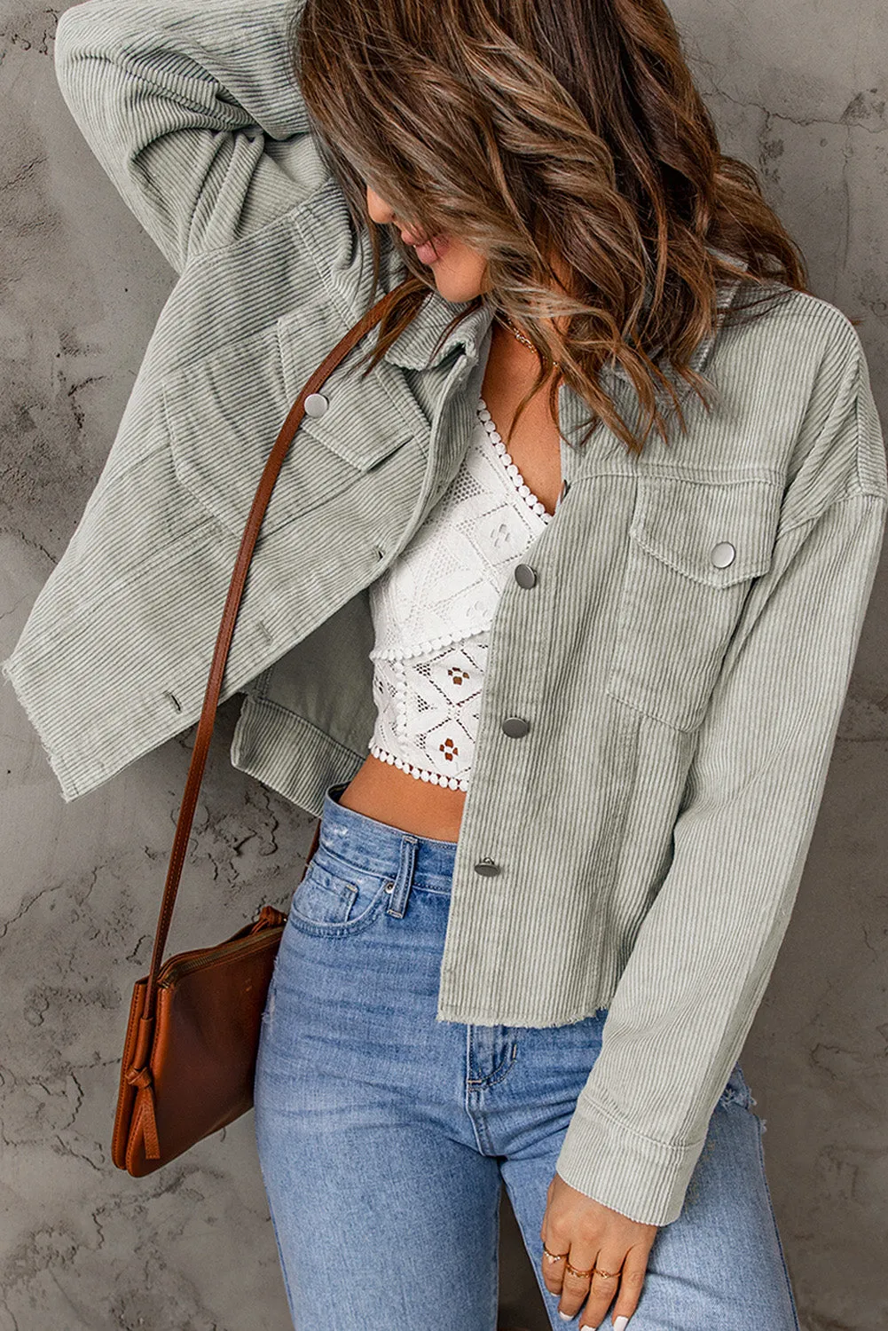Sky Blue Raw Hem Flap Pockets Cropped Jacket
