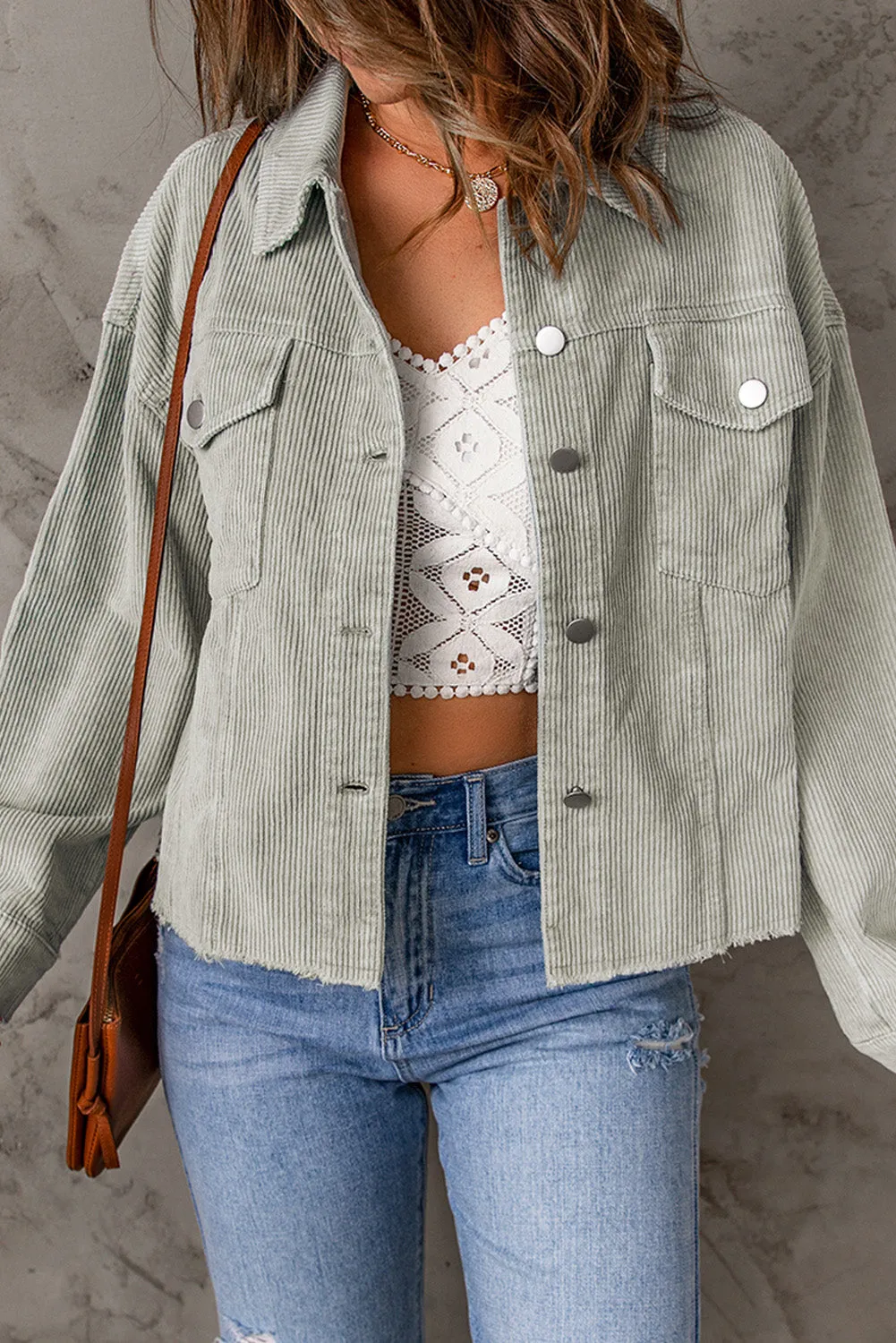 Sky Blue Raw Hem Flap Pockets Cropped Jacket