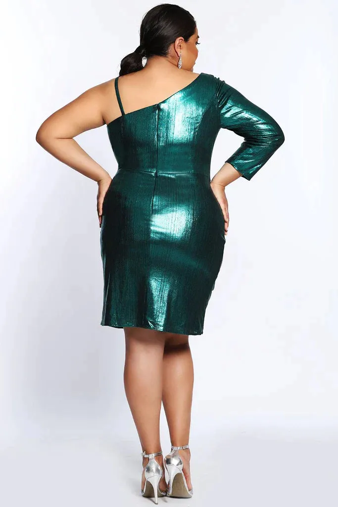 Sydney's Closet SC8109 Size 18 Emerald Fitted Silhouette One Shoulder Three Quarter Sleeve Pleated Bodice Slit Plus Size Formal Dress
