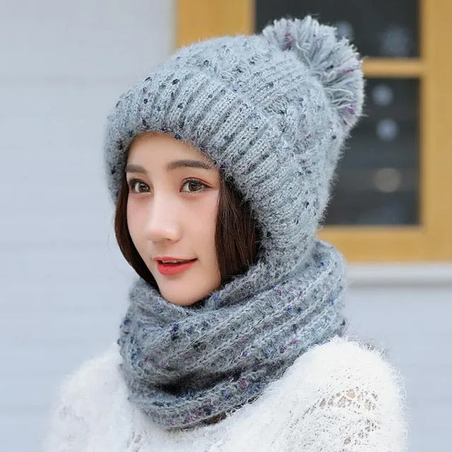 Thick Knit Scarf Plus Velvet Thicken Casual Warm Knitted Winter Beanie