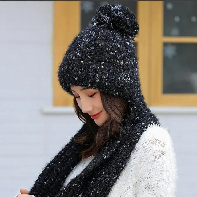 Thick Knit Scarf Plus Velvet Thicken Casual Warm Knitted Winter Beanie