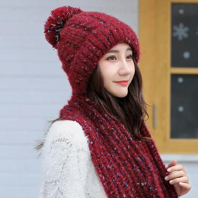 Thick Knit Scarf Plus Velvet Thicken Casual Warm Knitted Winter Beanie