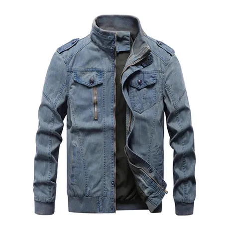 Wiaofellas  -  Brand Clothing Tactical Jeans Jacket Men Casual Vintage Solid Stand Collar Denim Bomber Jackets Streetwear Cotton