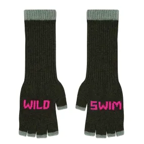 Wild Swim Fingerless Gloves in Seaweed with Neon Pink & Mojito