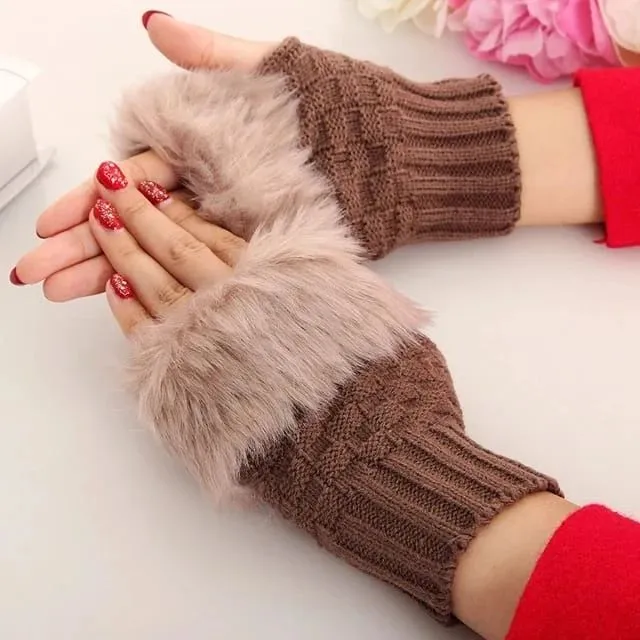 Winter Girls Gloves Warmer Stylish Gloves Knitting Faux Wool Mitten Fingerless Rabbit Fur Gloves