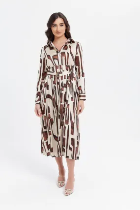 Women Cream And Brown Printed Collared Dress