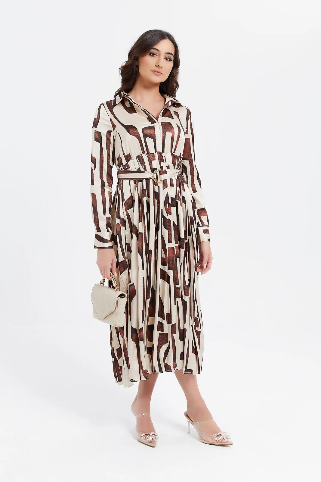 Women Cream And Brown Printed Collared Dress