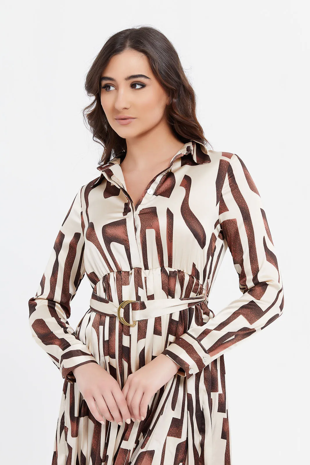 Women Cream And Brown Printed Collared Dress
