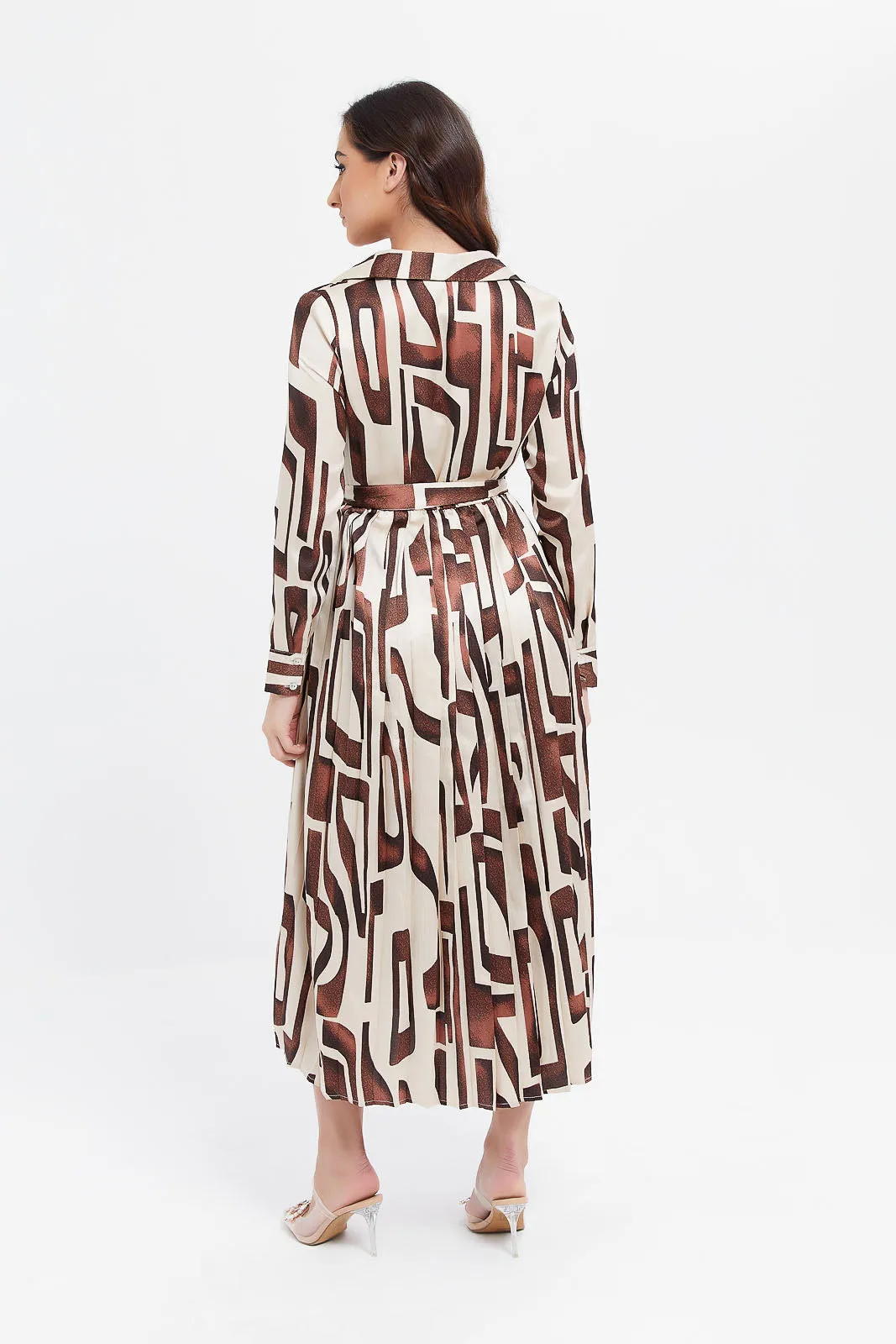 Women Cream And Brown Printed Collared Dress