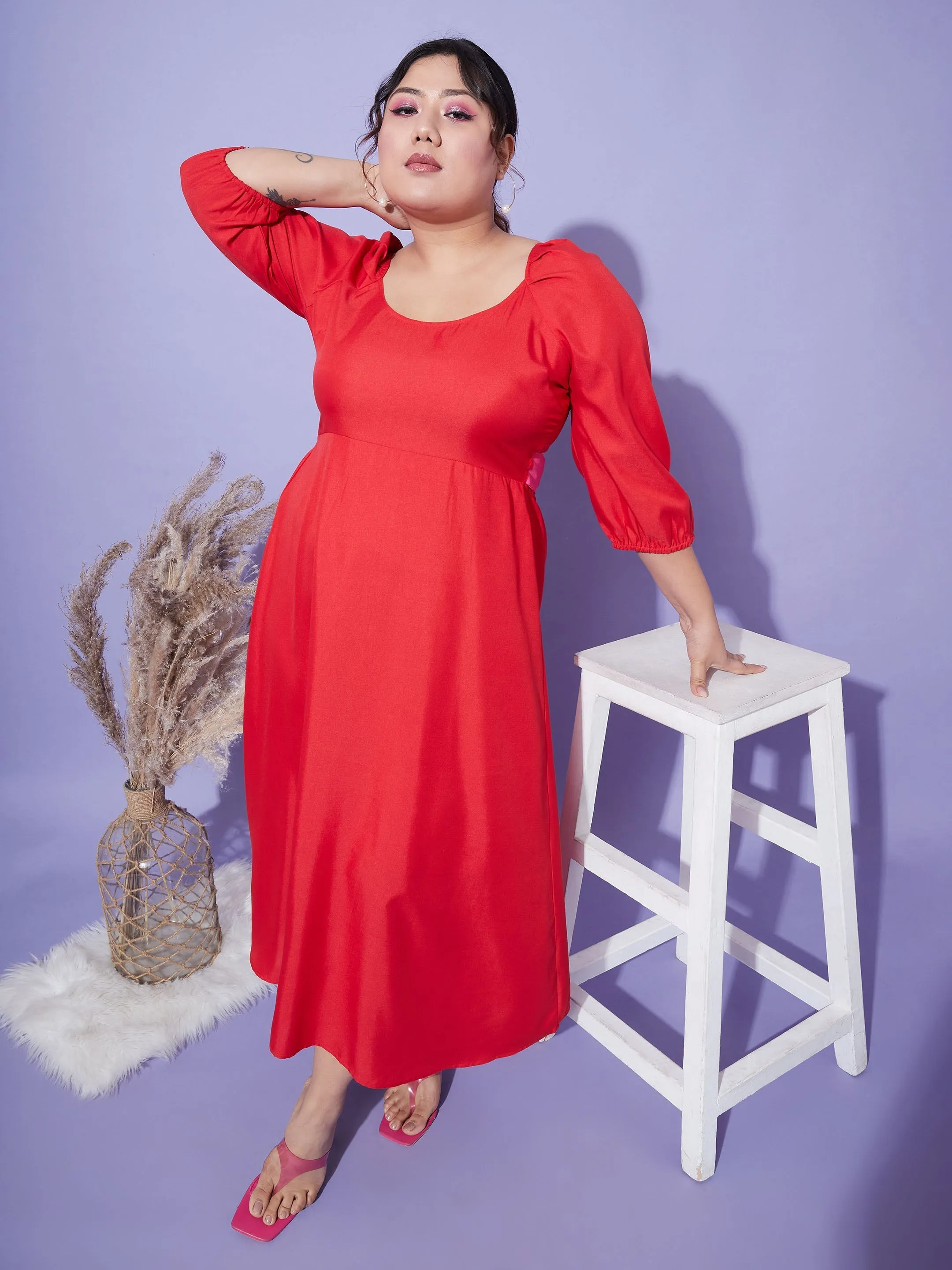 Women Red Back Tie-Up Midi Dress