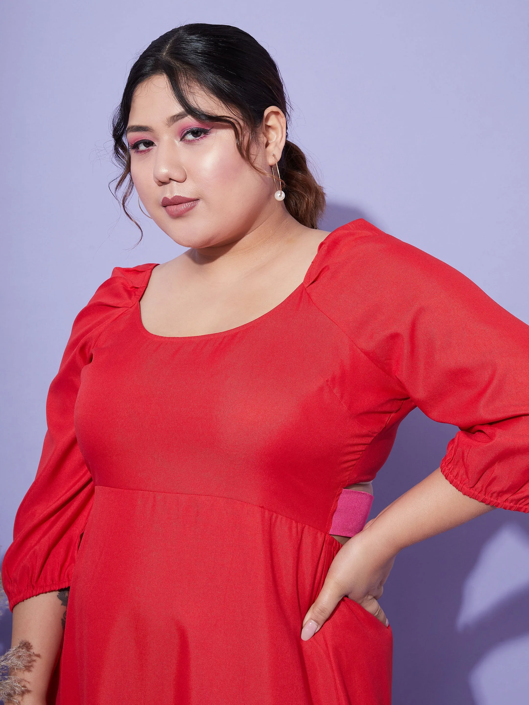 Women Red Back Tie-Up Midi Dress