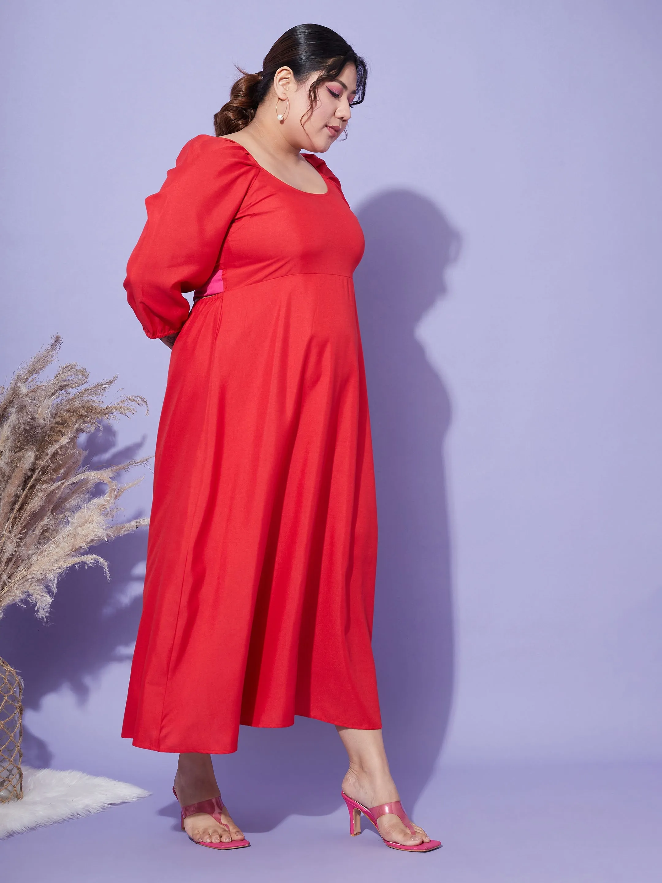 Women Red Back Tie-Up Midi Dress
