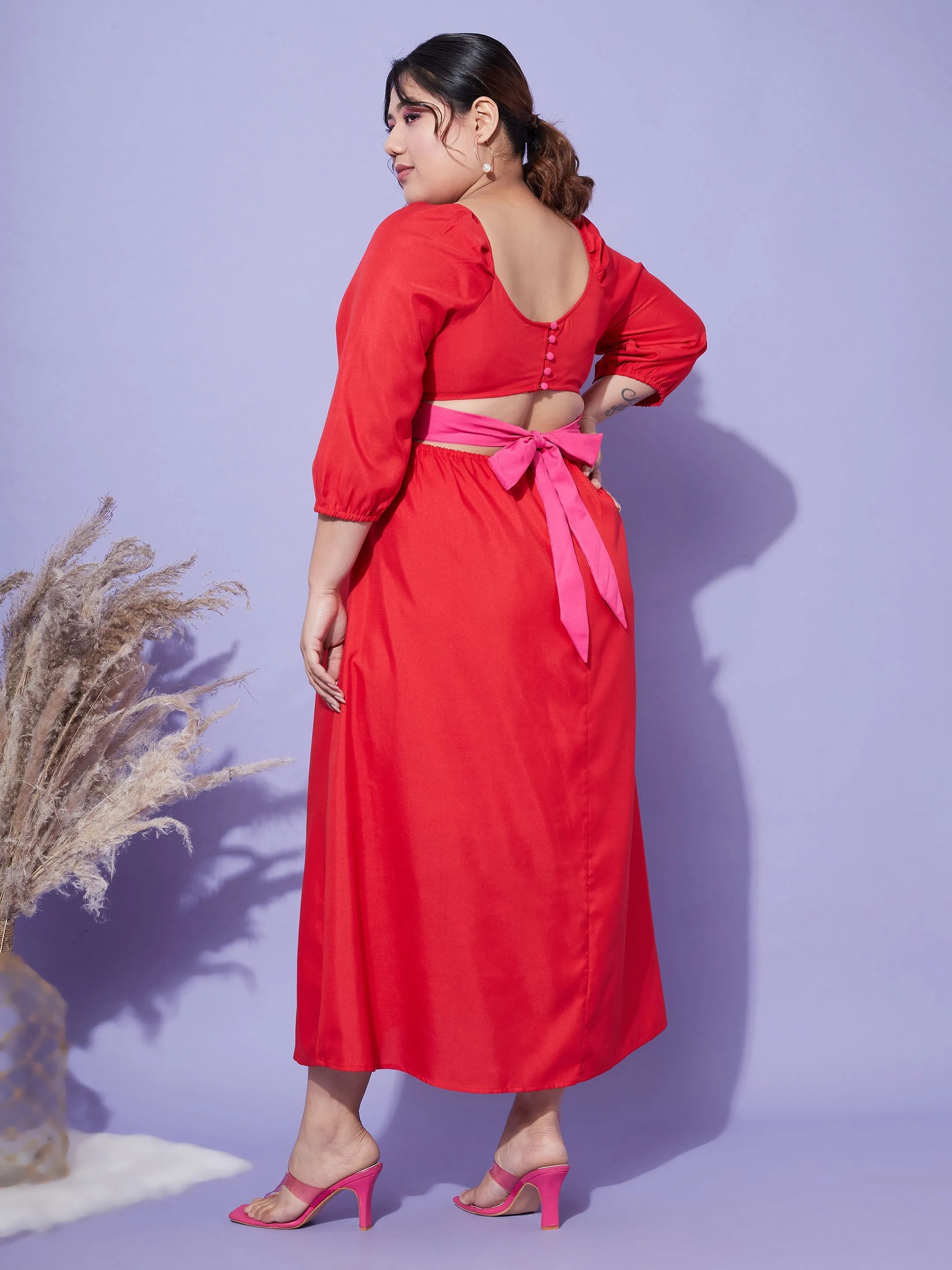 Women Red Back Tie-Up Midi Dress