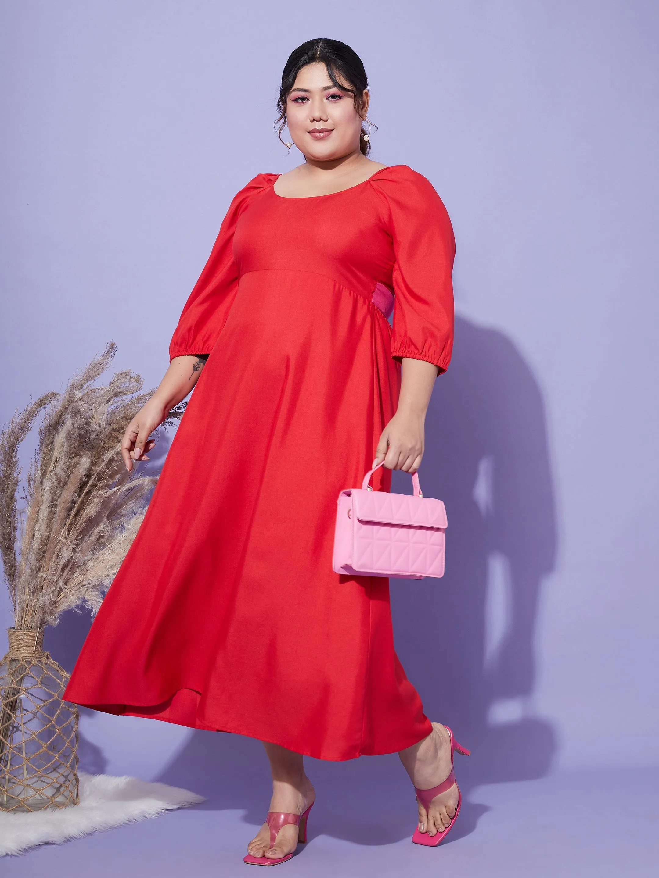 Women Red Back Tie-Up Midi Dress