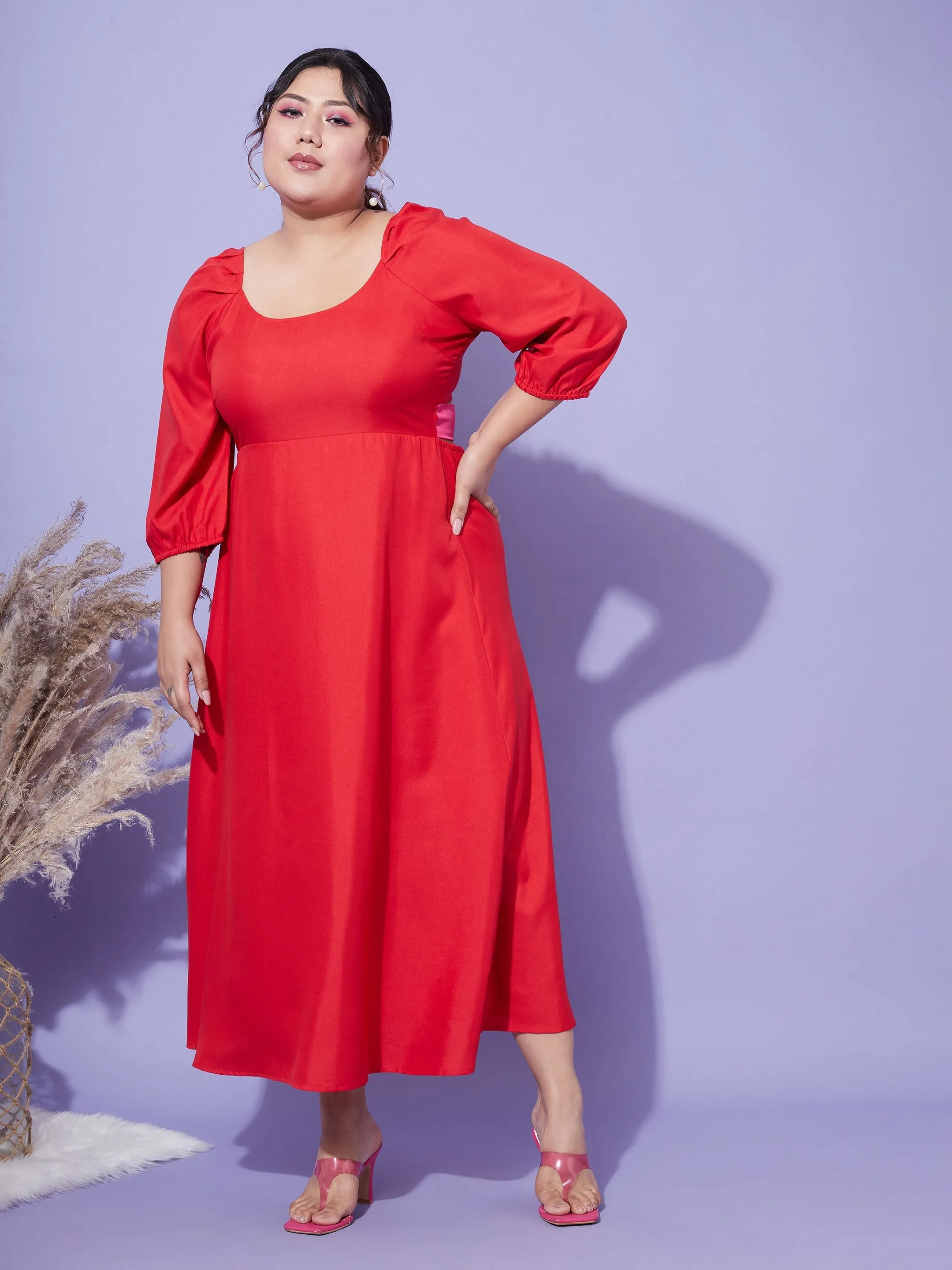 Women Red Back Tie-Up Midi Dress