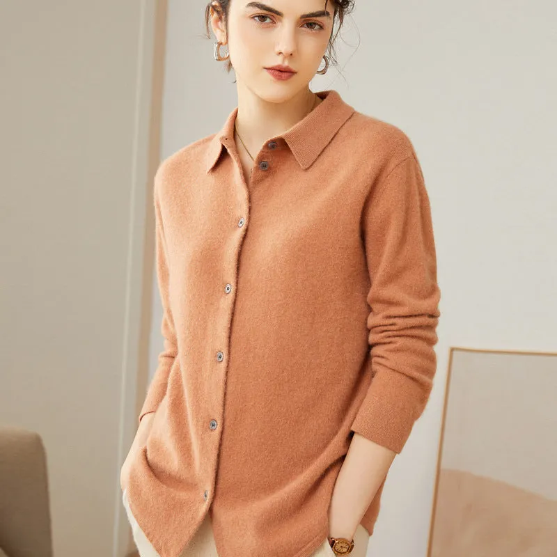 Women's Polo Collar Long Sleeve Jacket Bottoming Sweater Fashion Lapel Cashmere Knitted Cardigan