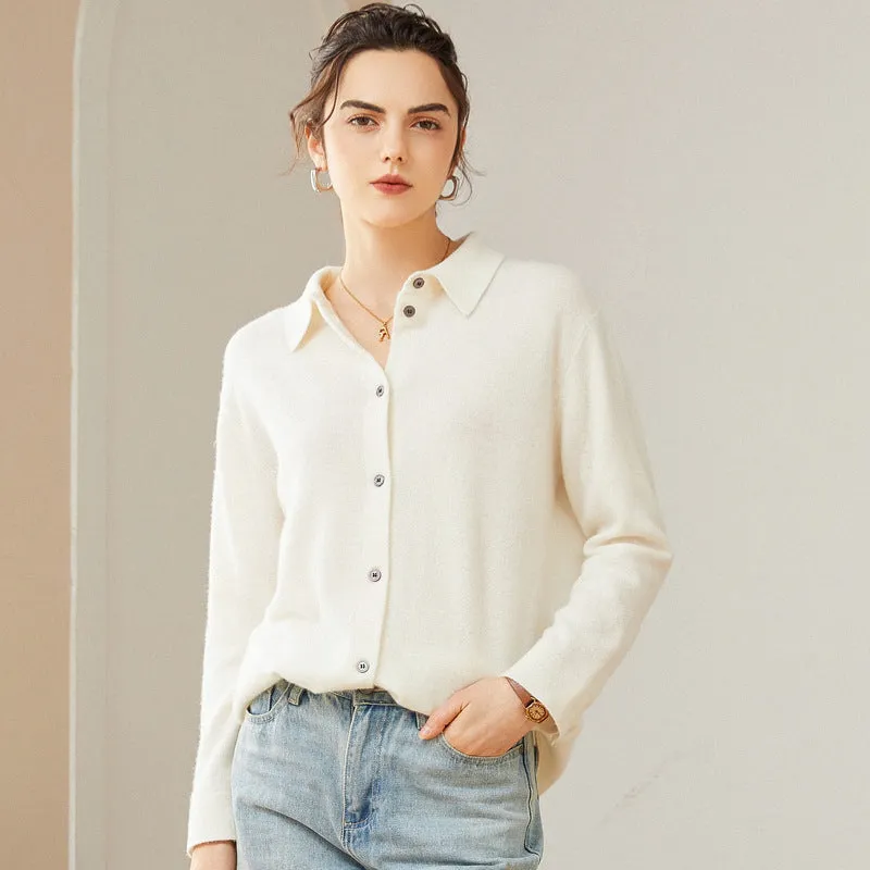Women's Polo Collar Long Sleeve Jacket Bottoming Sweater Fashion Lapel Cashmere Knitted Cardigan