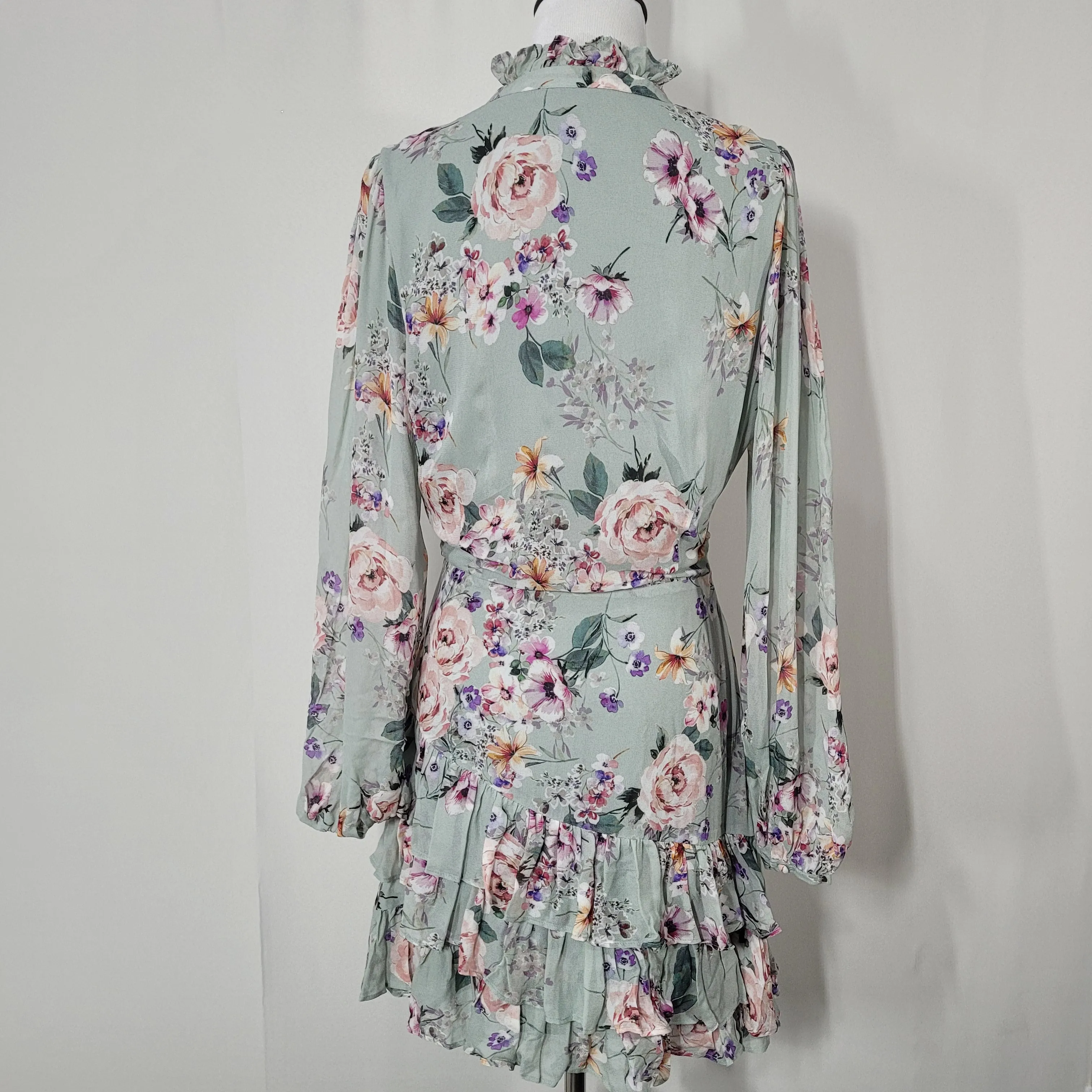 Yumi Kim Silkwood Sage Jenna Mini Dress Blouson Long Sleeves Ruffle Skirt Detail Size Small