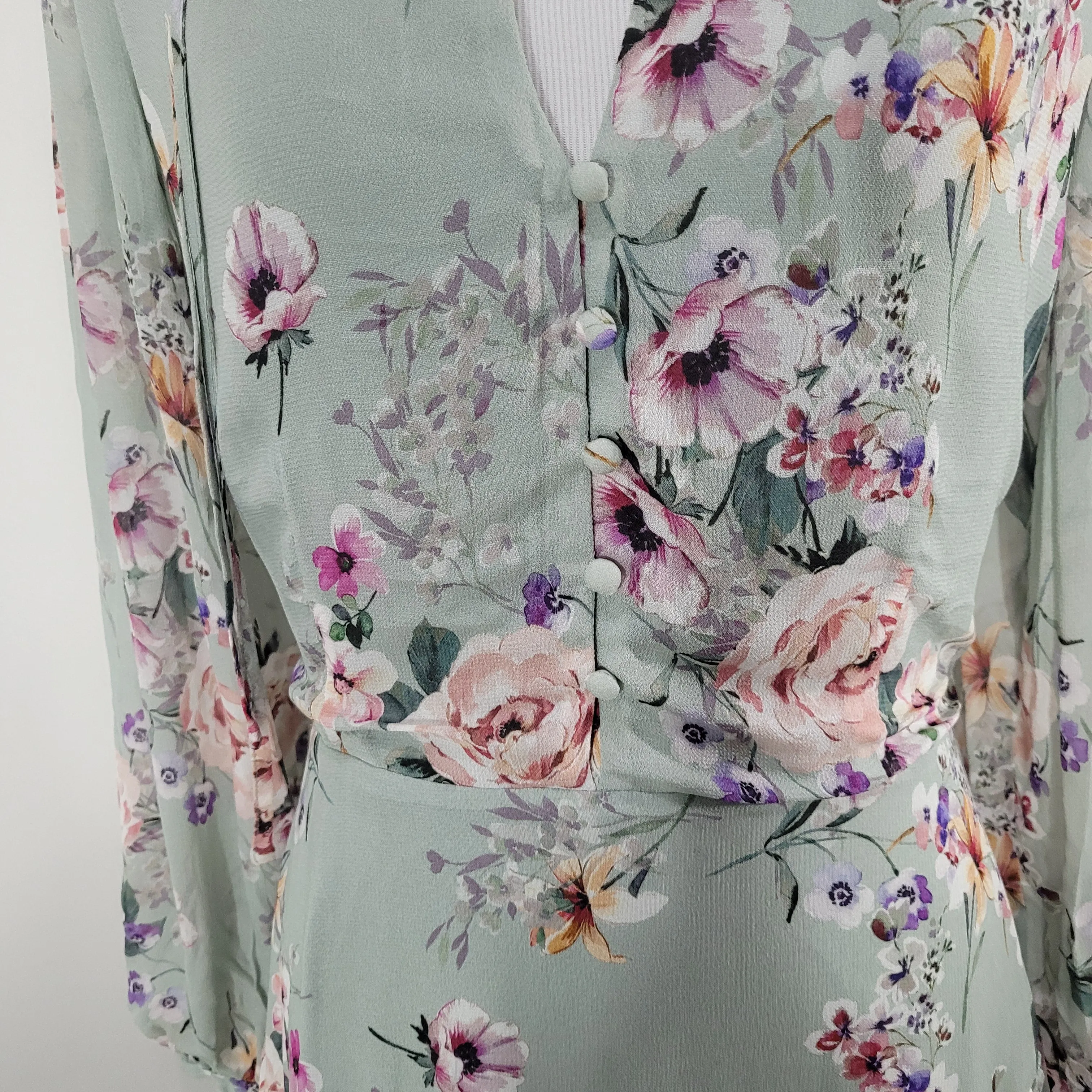 Yumi Kim Silkwood Sage Jenna Mini Dress Blouson Long Sleeves Ruffle Skirt Detail Size Small