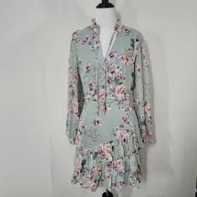 Yumi Kim Silkwood Sage Jenna Mini Dress Blouson Long Sleeves Ruffle Skirt Detail Size Small